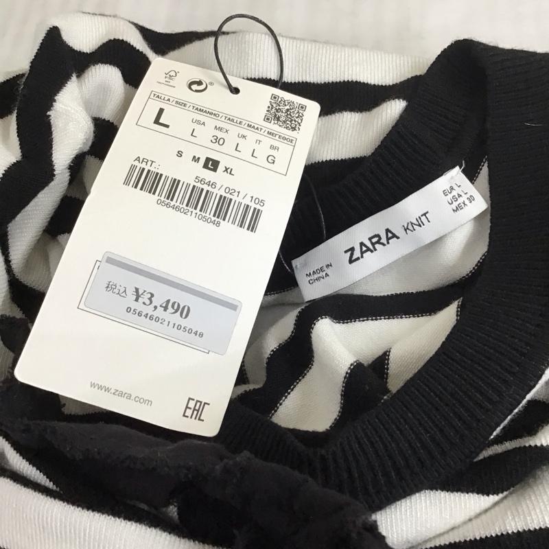 ザラニット ZARA KNIT カットソー 半袖 5646 021 105 リボン L ボーダー柄 白 / ホワイト / X 黒 / ブラック /  レディース USED 古着 中古 10113477