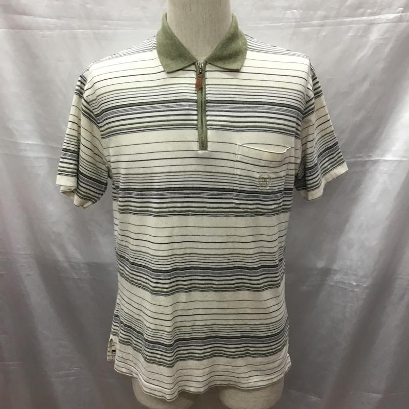 チャップス CHAPS カットソー 半袖 1625-3030 ハーフジップ 襟付き ポロシャツ ボーダー M ワンポイント 紺 / ネイビー / X カーキ / カーキ / X アイボリー / アイボリー / メンズ USED 古着 中古 10115533