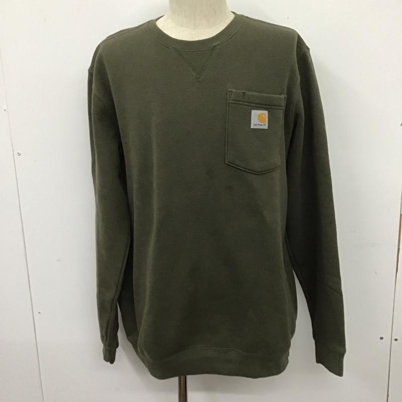 カーハート Carhartt トレーナー 長袖 長袖トレーナー スウェット クルーネック リブスウェットカットソー M ロゴ、文字 カーキ / カーキ / メンズ USED 古着 中古 10107687
