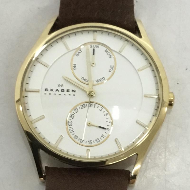 スカーゲン SKAGEN 腕時計 アナログ(クォーツ式) SKW6066 レザーベルト ロゴ、文字 茶 / ブラウン / X 金 / ゴールド / メンズ USED 古着 中古 10134984