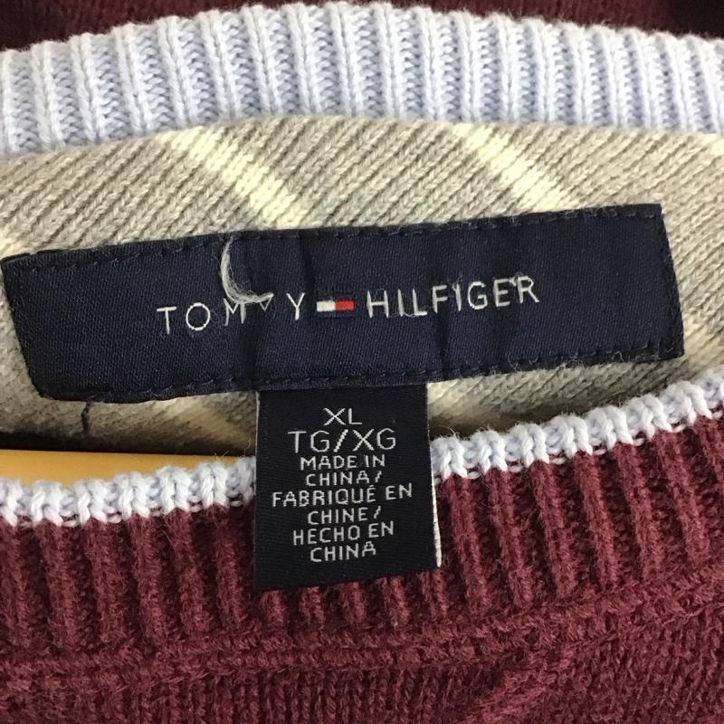 トミーヒルフィガー TOMMY HILFIGER ニット、セーター 長袖 長袖ニットカットソー クルーネック セーター XL ロゴ、文字 えんじ / ワインレッド / メンズ USED 古着 中古 10141810