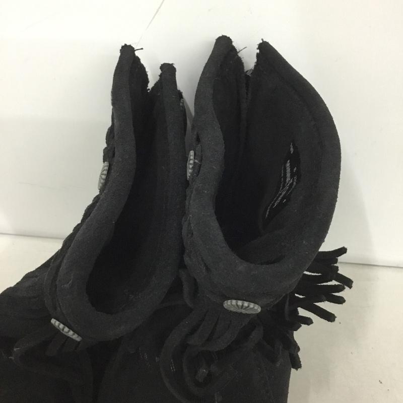 ミネトンカ Minnetonka ブーツ ショートブーツ Hi Top Back Zipper Boot 299 コンチョボタン フリンジ 8 FREE 無地 黒 / ブラック / レディース USED 古着 中古 10144921