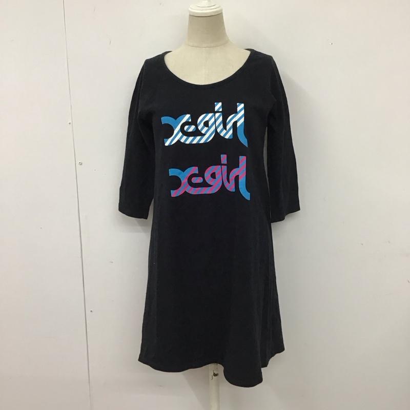 エックスガール X-girl ワンピース ひざ丈スカート 0501919 七分袖 カットソー 2 ロゴ、文字 黒 / ブラック / レディース USED 古着 中古 10116159