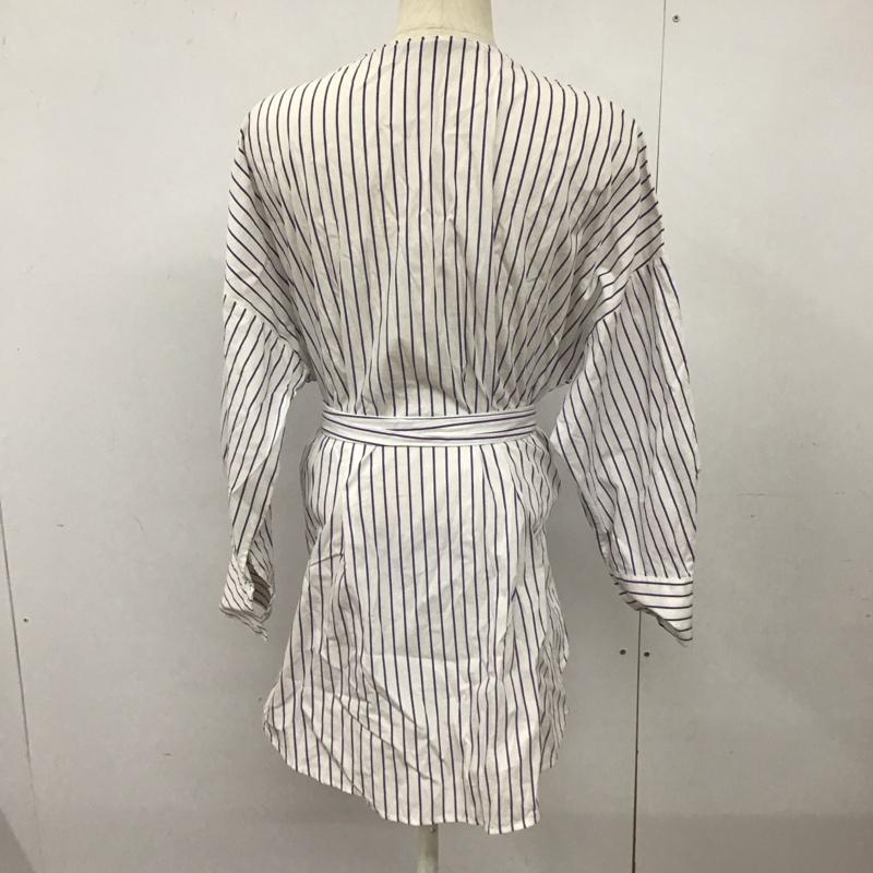 ザラウーマン ZARA WOMAN シャツ、ブラウス 長袖 長袖シャツ ストライプシャツ ノーカラーシャツ ウエスト切り替え M ストライプ 白 / ホワイト / X 紺 / ネイビー / レディース USED 古着 中古 10125185
