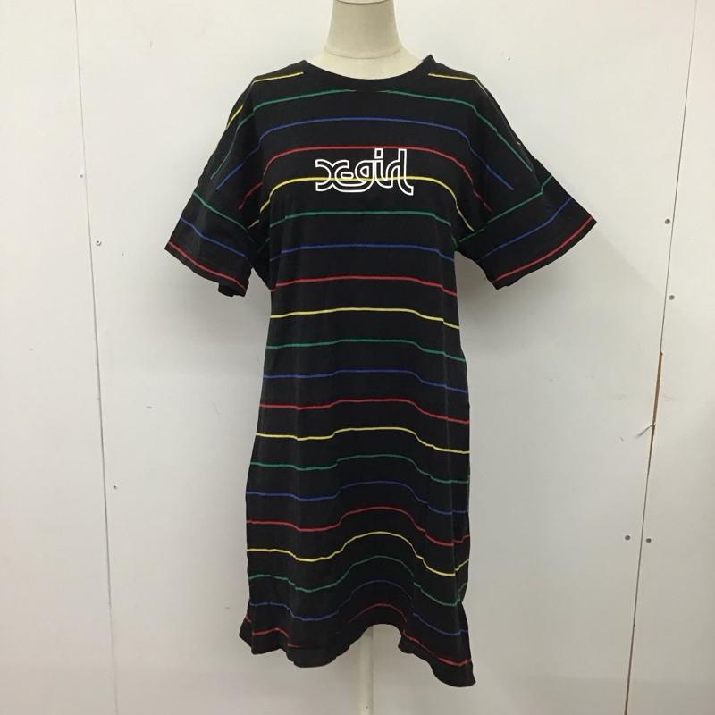 エックスガール X-girl ワンピース ひざ丈スカート 105201041011 MULTI STRIPED HS TEE DRESS マルチボーダー カットソー M ロゴ、文字 黒 / ブラック / レディース USED 古着 中古 10116190