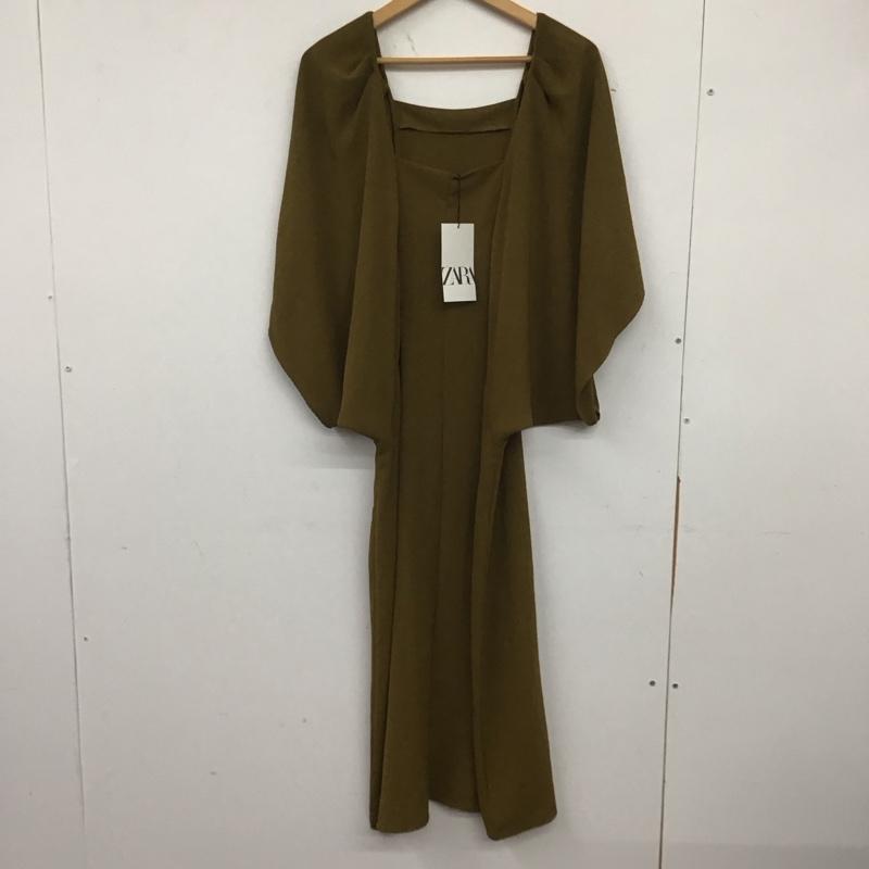 ザラ ZARA ワンピース ロングスカート 0264 456 505 ひざ下丈 ボリュームスリーブ タグ付きスクエアネック M 無地 カーキ / カーキ / レディース USED 古着 中古 10138648
