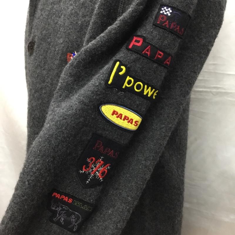 パパス PAPAS カーディガン 長袖 長袖カーディガン 長袖カットソー ノーカラージャケット 前開カーディガン M ロゴ、文字 灰 / グレー / メンズ USED 古着 中古 10122304