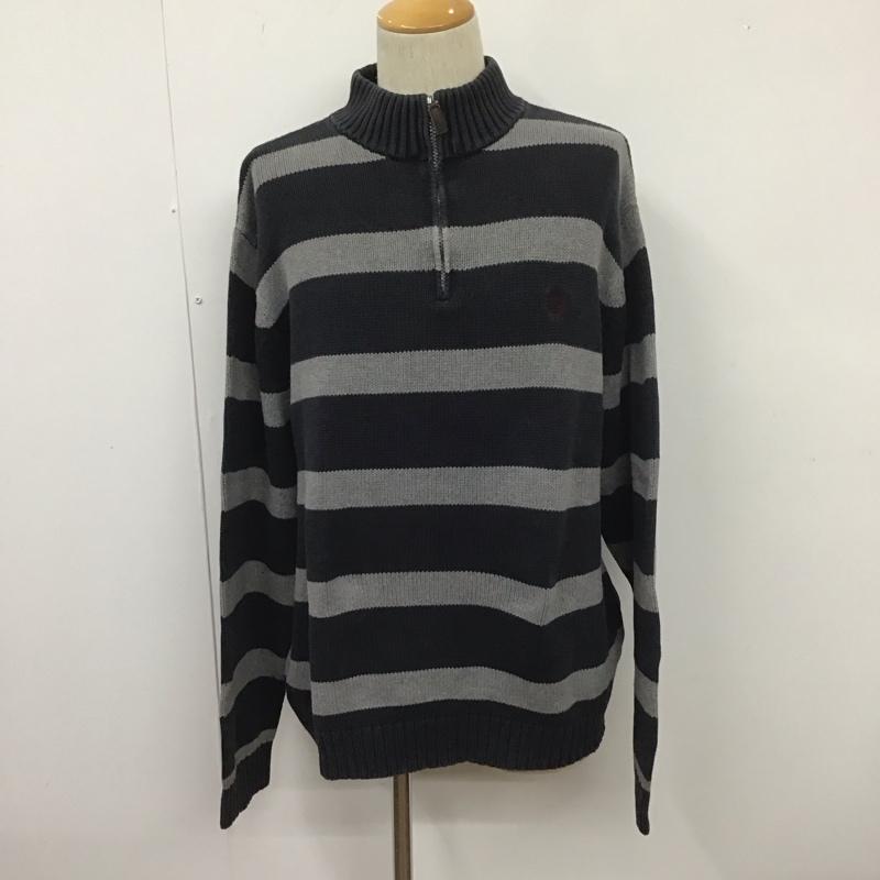 チャップス CHAPS ニット、セーター 長袖 ボーダー ハーフジップ コットンニット XL ワンポイント 灰 / グレー / X 紺 / ネイビー / メンズ USED 古着 中古 10107636
