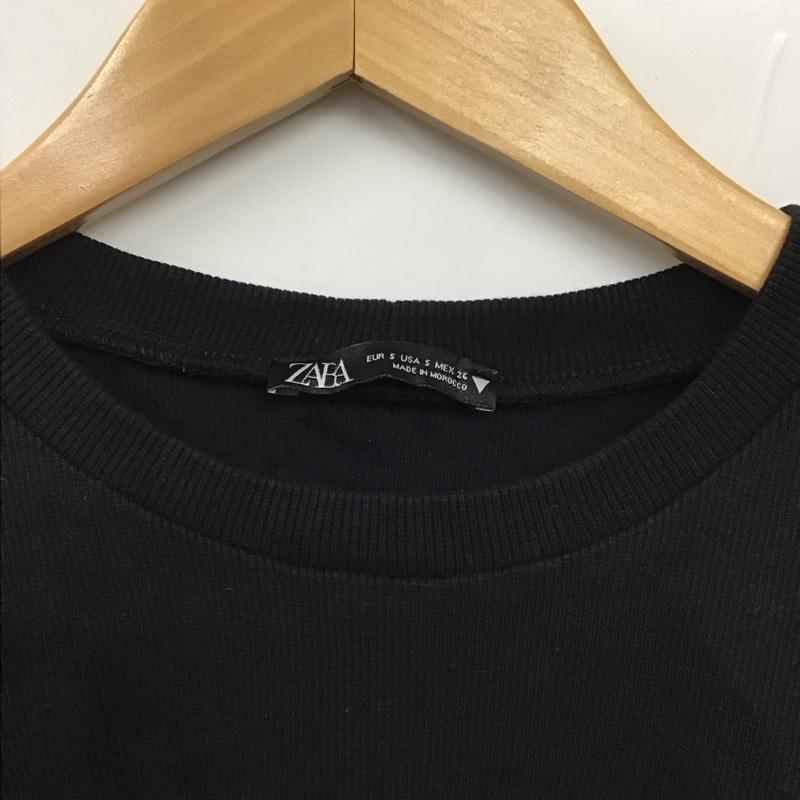 ザラ ZARA カットソー 長袖 0264/303/800 フェイクレザーリブニット スイッチング カットソー S 無地 黒 / ブラック / レディース USED 古着 中古 10131027