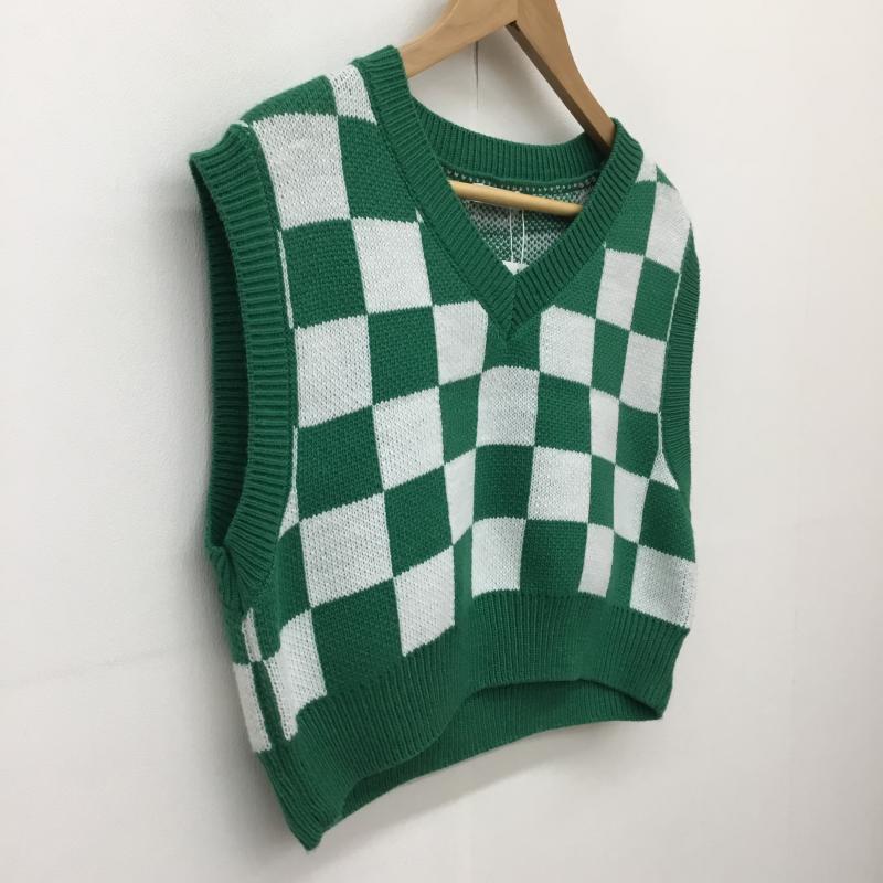 イング INGNI ベスト ベスト M 格子柄 白 / ホワイト / X 緑 / グリーン / レディース USED 古着 中古 10139266