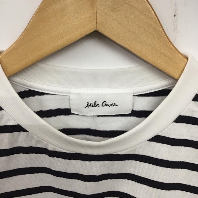 ミラオーウェン Mila Owen Tシャツ 半袖 09WCT244925 ショート丈アップリケT 1 ボーダー柄 白 / ホワイト / X 黒 / ブラック / レディース USED 古着 中古 10134593