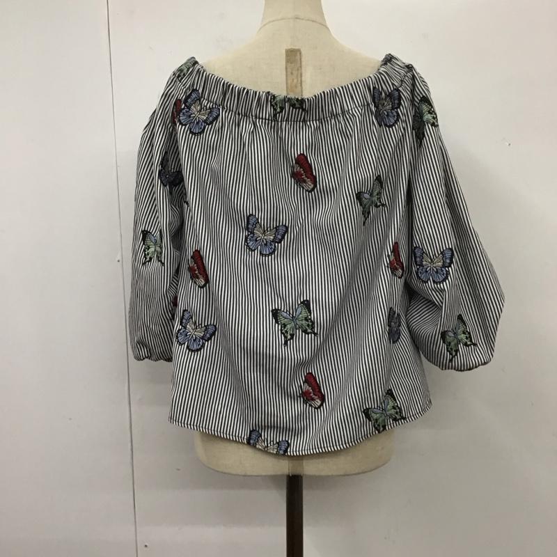 ザラ ZARA カットソー 七分袖 2521 426 070 オフショルダー 蝶々 刺繍 XS ストライプ 白 / ホワイト / X 黒 / ブラック /  レディース USED 古着 中古 10113500