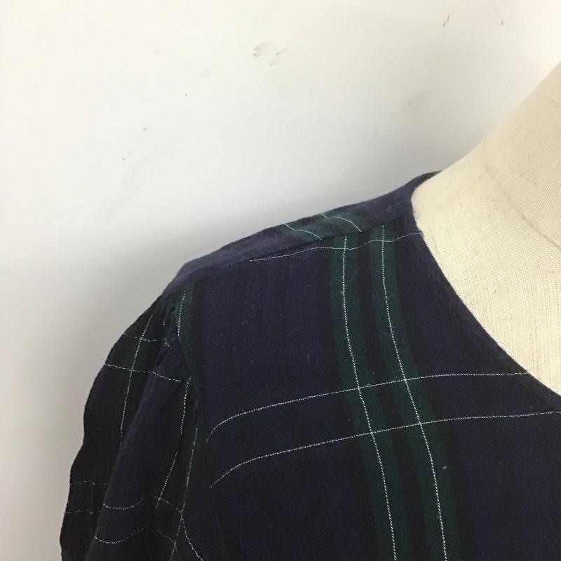 ザラウーマン ZARA WOMAN カットソー 長袖 9479 247 401 バルーンスリーブ L チェック 紺 / ネイビー / X 緑 / グリーン / X 白 / ホワイト /  レディース USED 古着 中古 10108414