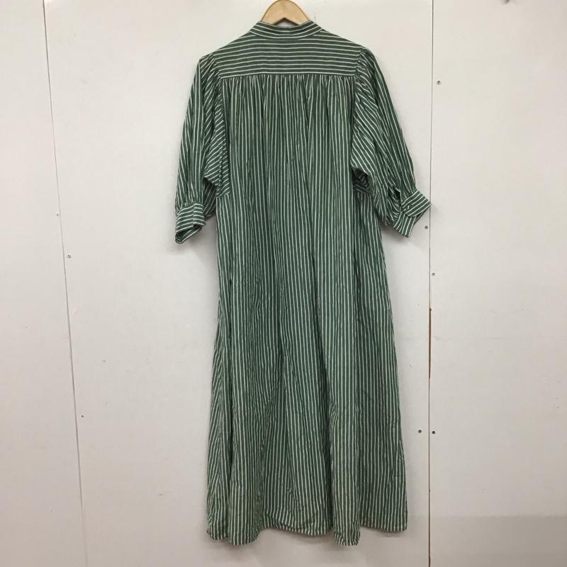 ニコアンド niko and... ワンピース ロングスカート 長袖シャツワンピース 前開きシャツ ノーカラーシャツ M ストライプ 緑 / グリーン / レディース USED 古着 中古 10134218