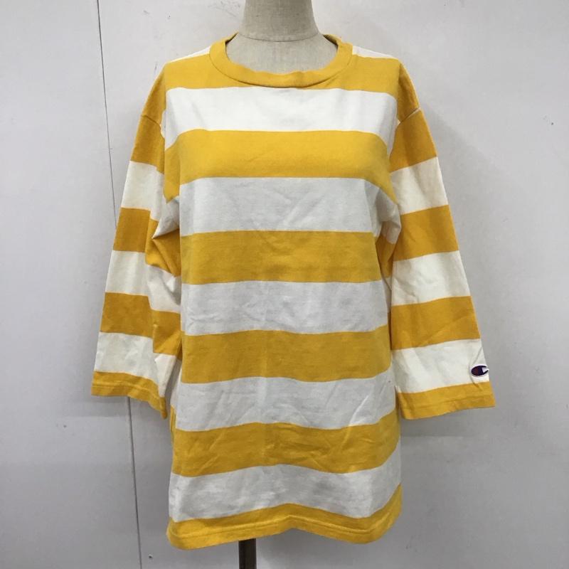 チャンピオン Champion Tシャツ 七分袖 M ボーダー柄 白 / ホワイト / X 黄 / イエロー / レディース USED 古着 中古 10108135