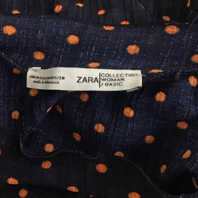 ザラ ZARA カットソー 半袖 1131 151 401 シアー スタンドカラー M ドット 紺 / ネイビー / X 橙 / オレンジ /  レディース USED 古着 中古 10112949
