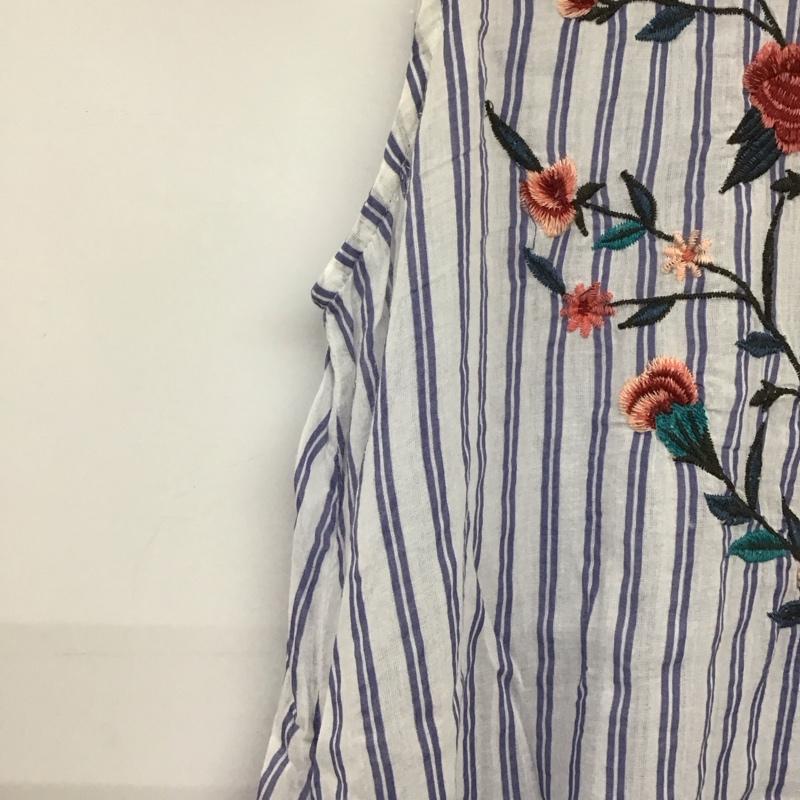 ザラベーシック ZARA BASIC ワンピース ひざ丈スカート L ストライプ X 刺繍 白 / ホワイト / X 水色 / ライトブルー / レディース USED 古着 中古 10134598