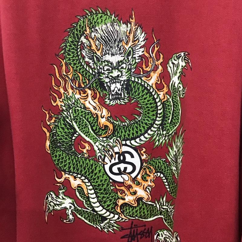 ステューシー STUSSY トレーナー 長袖 長袖トレーナー スウェット クルーネック プルオーバー90s 紺タグ ドラゴン L プリント 赤 / レッド / メンズ USED 古着 中古 10132583