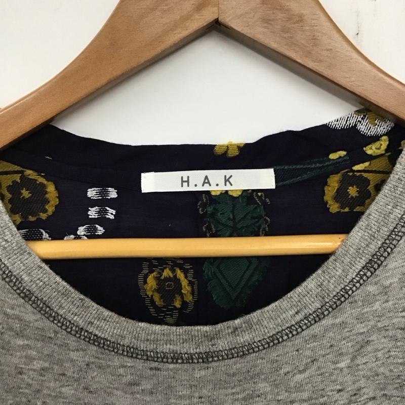 ハク H.A.K チュニック 半袖 刺繍 灰 / グレー / X 紺 / ネイビー / レディース USED 古着 中古 10137219