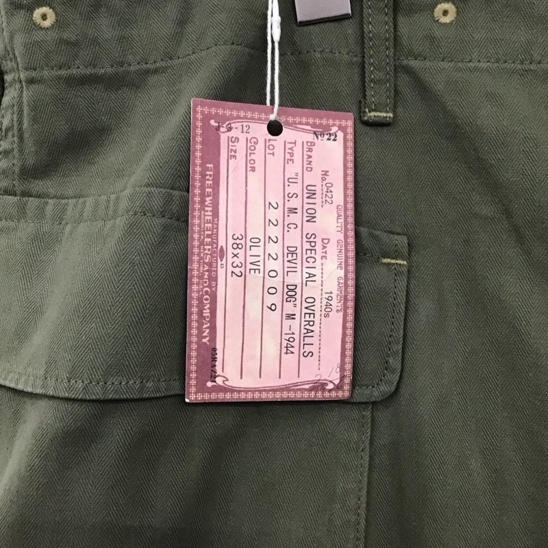 フリーホイーラーズ FREEWHEELERS パンツ ワークパンツ、ペインターパンツ USMCDEVILDOGM-1944 VintageStyleHeavyWeightYarnDyedHerringboneTwill ミリタリーパンツ 38インチ ロゴ、文字 カーキ / カーキ / メンズ USED 古着 中古 10129034