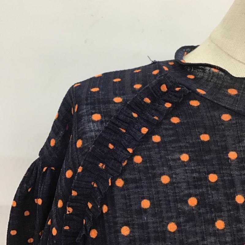 ザラ ZARA カットソー 半袖 1131 151 401 シアー スタンドカラー M ドット 紺 / ネイビー / X 橙 / オレンジ /  レディース USED 古着 中古 10112949