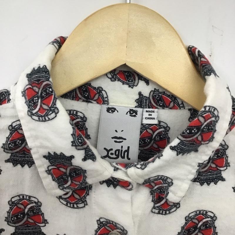 エックスガール X-girl シャツ、ブラウス 長袖 長袖シャツ ハート総柄シャツ カラーシャツ ポケットシャツ 1 プリント 白 / ホワイト / レディース USED 古着 中古 10138793