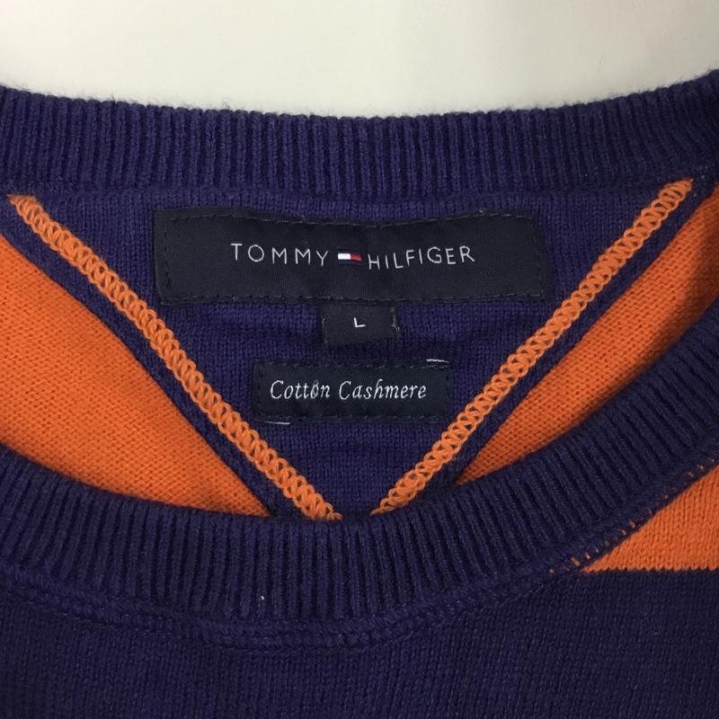 トミーヒルフィガー TOMMY HILFIGER ニット、セーター 長袖 長袖ニットカットソー ニット セーター クルーネックニット L ボーダー柄 橙 / オレンジ / X 紺 / ネイビー / メンズ USED 古着 中古 10122507