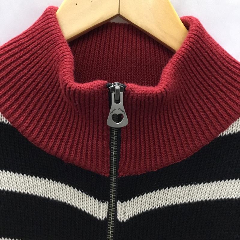 ポータークラシック Porter Classic ニット、セーター 長袖 ジップアップ S ボーダー柄 X 刺繍 黒 / ブラック / X オフホワイト / オフホワイト / X 赤 / レッド / メンズ USED 古着 中古 10108957