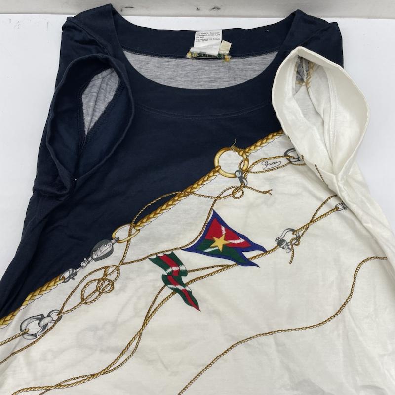 グッチ GUCCI カットソー 半袖 OLD マリン カットソー スカーフ バンダナ イタリア製 ヴィンテージ Tシャツ M X プリント 白 / ホワイト / white X 紺 / ネイビー / navy レディース USED 古着 中古 50135701
