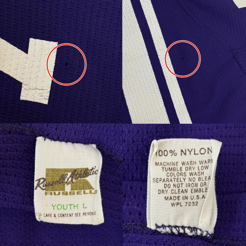 ラッセルアスレティック Russell Athletic Tシャツ 半袖 70年代 ビンテージ USA製 金タグ ナンバリング フットボール Tシャツ ユースサイズ 白 青紫色 - ボーイズ USED 古着 中古 50144024