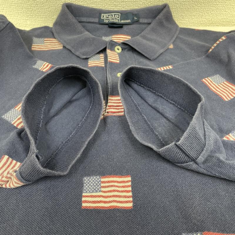ポロバイラルフローレン Polo by RALPH LAUREN ポロシャツ 半袖 ヴィンテージ 90s 半袖 ポロシャツ ロゴ 星条旗 総柄 プリント ボタン L X 総柄 X プリント 紺 / ネイビー / navy メンズ USED 古着 中古 50144518