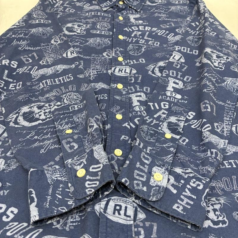 ポロラルフローレン POLO RALPH LAUREN シャツ、ブラウス 長袖 CUSTOM FIT タイガー ブルドック ラグビー ウィング 総柄 ボタンシャツ S 総柄 青 / ブルー / blue メンズ USED 古着 中古 50151625