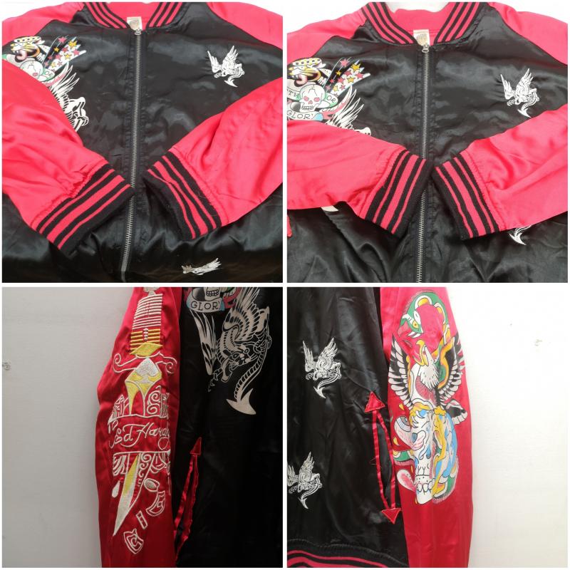 エドハーディー Ed Hardy ジャケット、上着 ジャンパー、ブルゾン スカル 鷹 刺繍 サテン ボンバー ジャケット スカジャン XXL 黒 / ブラック / black X 赤 / レッド / red メンズ USED 古着 中古 50151964