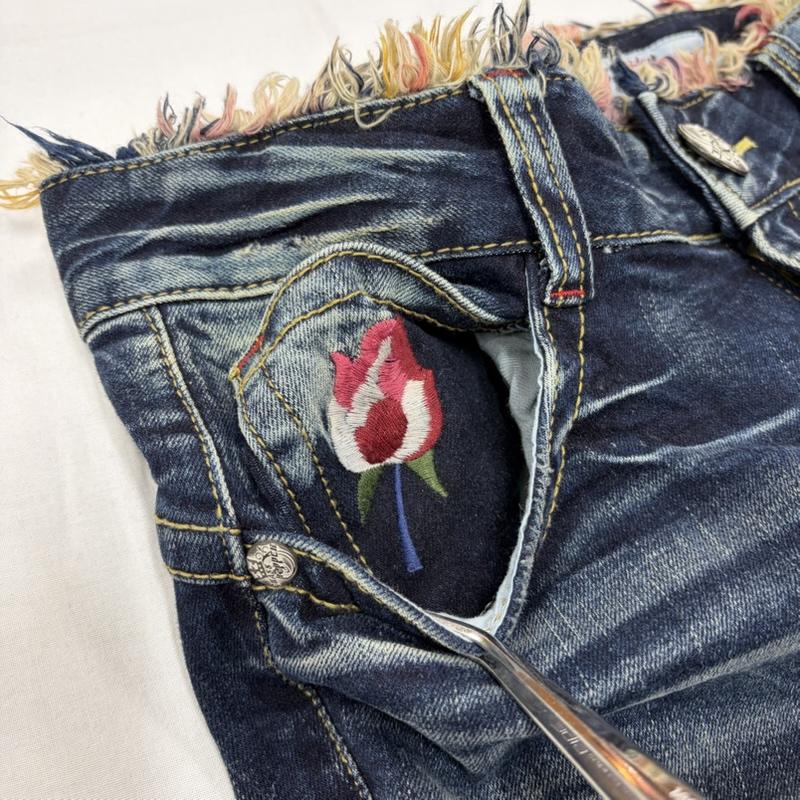 古着 USED パンツ デニム、ジーンズ GRASSHOPPER グラスホッパー ローライズ ブーツカット デニム フレア 刺繍 Y2K ダメージ バラ 26インチ 刺繍 インディゴ / インディゴ / Indigo X マルチカラー / マルチカラー / multicolor レディース USED 古着 中古 50160978