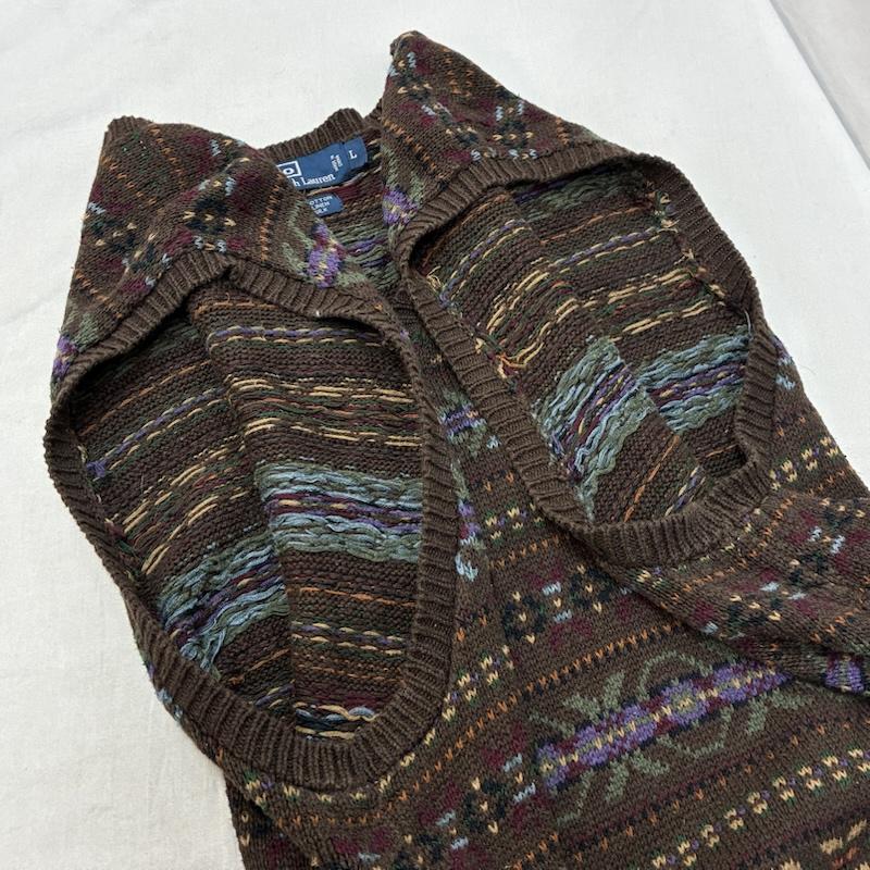 ポロバイラルフローレン Polo by RALPH LAUREN ベスト ベスト 90s フェアアイル柄 コットン リネン シルク Vネック ニット ベスト L メンズ USED 古着 中古 50162185