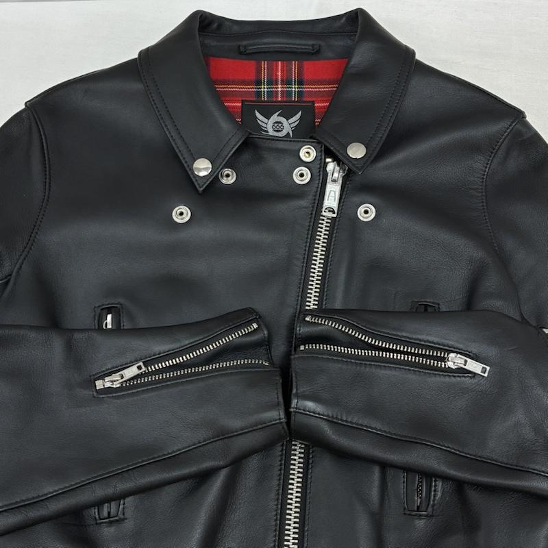トリプルシックスレザーウェア 666LEATHERWEAR ジャケット、上着 レザージャケット タイトフィット サイドベルト レザー ジャケット ダブル ライダース LJW-1TF タータンチェック シープスキン 36 レディース USED 古着 中古 50164609