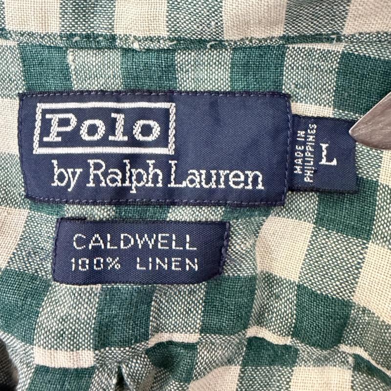 ラルフローレン RALPHLAUREN シャツ、ブラウス 半袖 caldwell 開襟半袖シャツ リネン100% ブロックチェック ボックスシルエット L チェック 白 / ホワイト / white X 緑 / グリーン / green メンズ USED 古着 中古 50166437