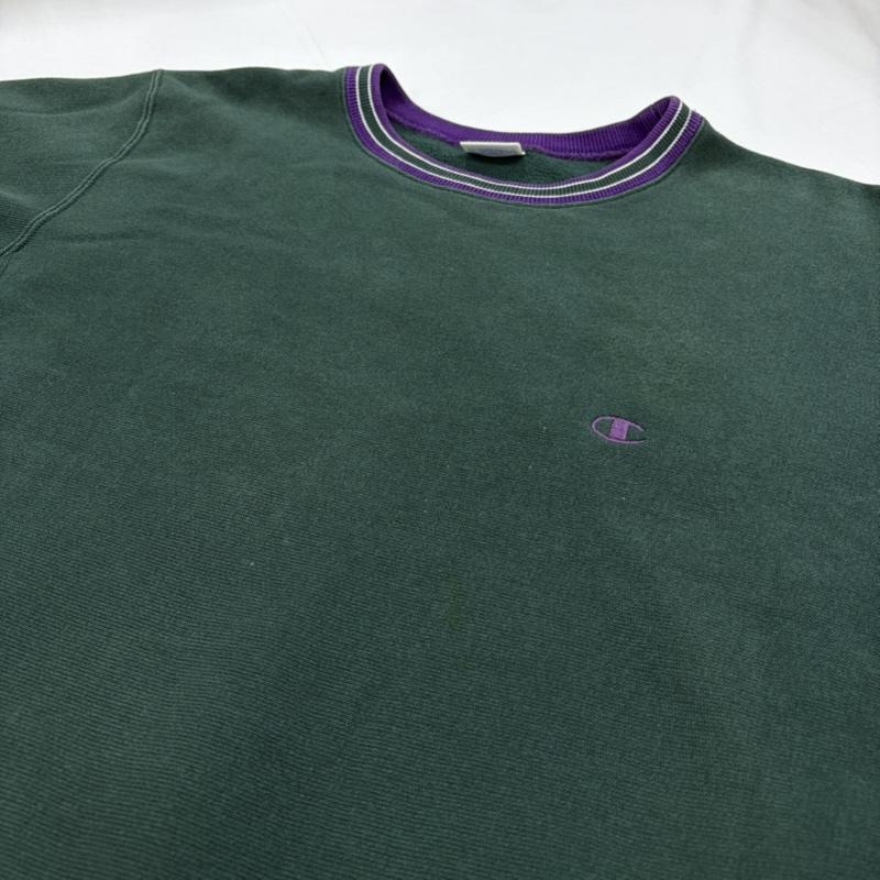 チャンピオン Champion トレーナー 長袖 REVERSEWEAVE リバースウィーブ プルオーバー スウェット トレーナー ロゴ 刺繍 リブライン L ワンポイント X ロゴ、文字 X 刺繍 緑 / グリーン / green X 紫 / パープル / purple メンズ USED 古着 中古 50167277