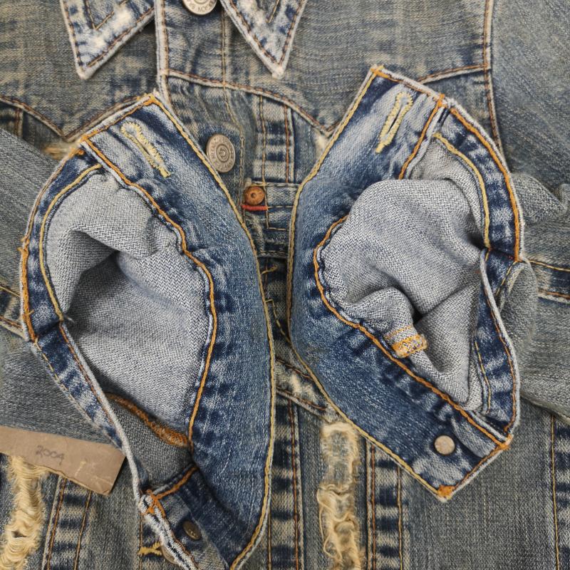 トゥルーレリジョン TRUE RELIGION ジャケット、上着 ジャンパー、ブルゾン ホースシューステッチ ダメージ加工 ショート丈 デニム ジャケット Gジャン XS インディゴ / インディゴ / Indigo レディース USED 古着 中古 50168753