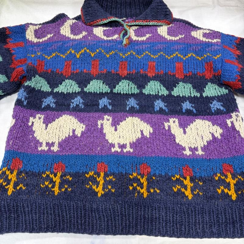 ヴィンテージ VINTAGE ニット、セーター 長袖 AMOS&ANDES ハンドメイド エクアドルニット 総柄 ウール セーター ヴィンテージ - 総柄 紺 / ネイビー / navy X 紫 / パープル / purple X マルチカラー / マルチカラー / multicolor メンズ USED 古着 中古 50169151