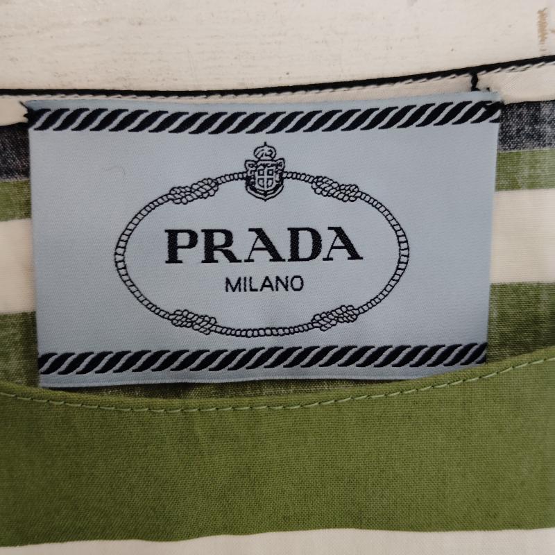 プラダ PRADA ワンピース ひざ丈スカート 半袖 ワンピース コットン ボーダー柄 38 緑 / グリーン / green X 白 / ホワイト / white X 黒 / ブラック / black レディース USED 古着 中古 50169614