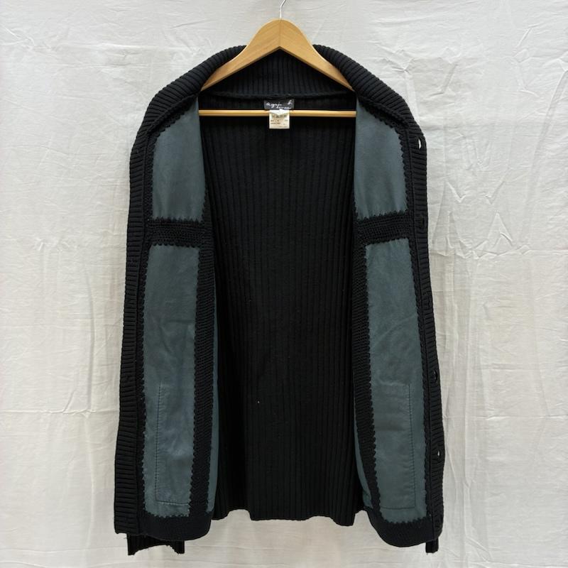 アニエス・ベー agnes b. カーディガン 長袖 HOMME ショールカラー リブ ニット ピッグスキン レザー 切替 カーディガン オールド アーカイブ 3 メンズ USED 古着 中古 50169797