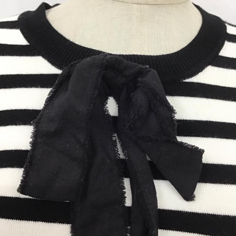 ザラニット ZARA KNIT カットソー 半袖 5646 021 105 リボン L ボーダー柄 白 / ホワイト / X 黒 / ブラック /  レディース USED 古着 中古 10113477