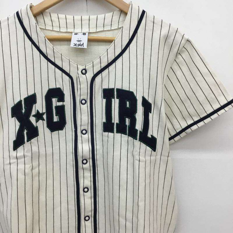 エックスガール X-girl シャツ、ブラウス 半袖 ベースボールシャツ 1 ストライプ ベージュ / ベージュ / X 紺 / ネイビー / レディース USED 古着 中古 10139201