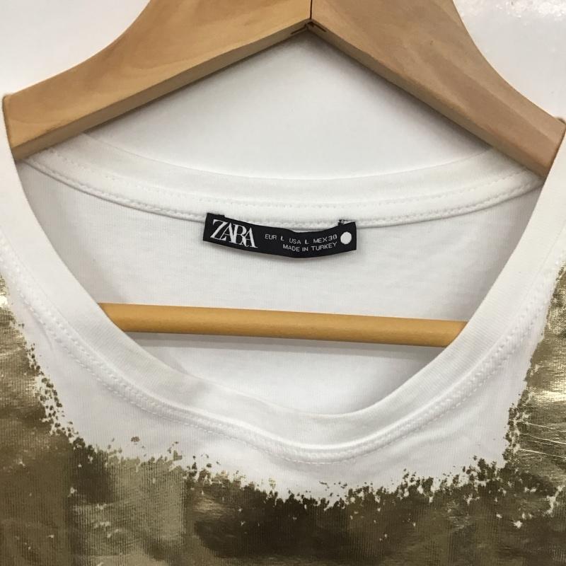 ザラ ZARA Tシャツ 半袖 1165 455 303 クルーネック L プリント 白 / ホワイト / X 金 / ゴールド / レディース USED 古着 中古 10131302