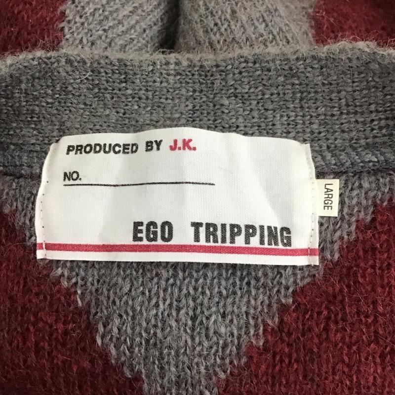 エゴトリッピング EGO TRIPPING カーディガン 長袖 670050 Vネック L 総柄 灰 / グレー / X えんじ / ワインレッド / メンズ USED 古着 中古 10114956