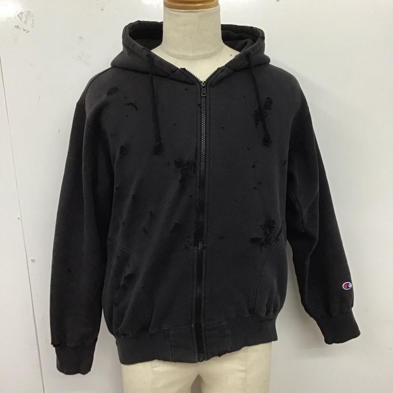 チャンピオン Champion パーカー 長袖 ジップアップパーカー 長袖パーカー フード付きパーカー ロゴ、文字 X ダメージ加工 黒 / ブラック /  メンズ USED 古着 中古 10124701