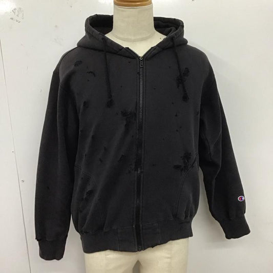 チャンピオン Champion パーカー 長袖 ジップアップパーカー 長袖パーカー フード付きパーカー ロゴ、文字 X ダメージ加工 黒 / ブラック /  メンズ USED 古着 中古 10124701
