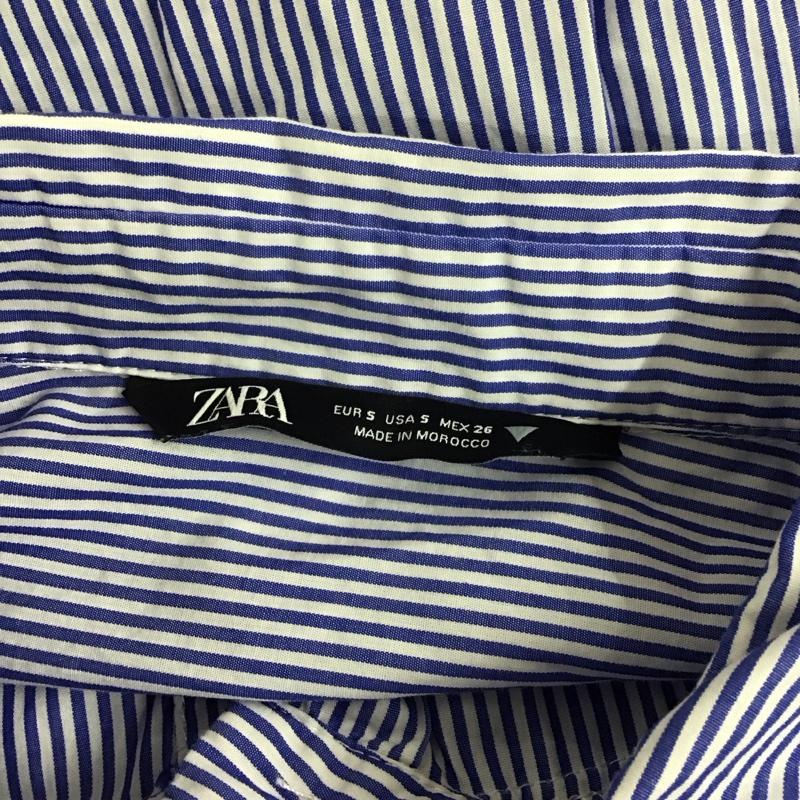 ザラ ZARA シャツ、ブラウス 半袖 8053 727 044 オーバーサイズ ロング丈 S ストライプ 白 / ホワイト / X 青 / ブルー / レディース USED 古着 中古 10109659