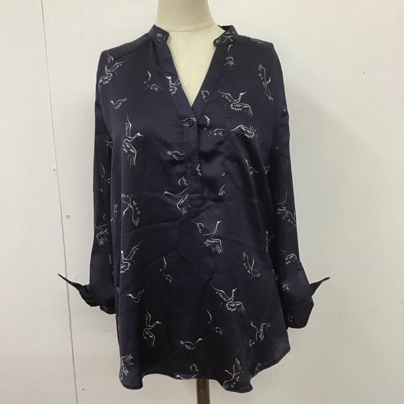 ザラベーシック ZARA BASIC カットソー 七分袖 ノーカラー スキッパー 鳥 XS 総柄 紺 / ネイビー /  レディース USED 古着 中古 10114105